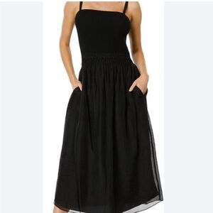 Vince Smocked Mixed Media Black Midi Dress